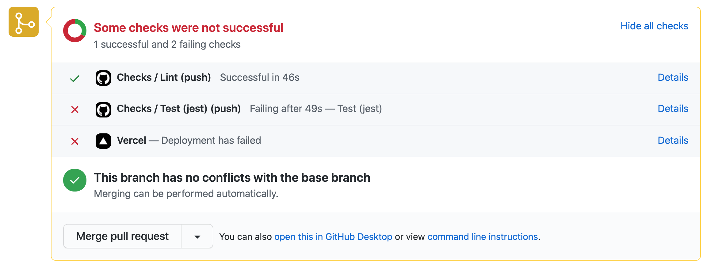 GitHub Action - Pull request with a failed test job which lead to a failing build