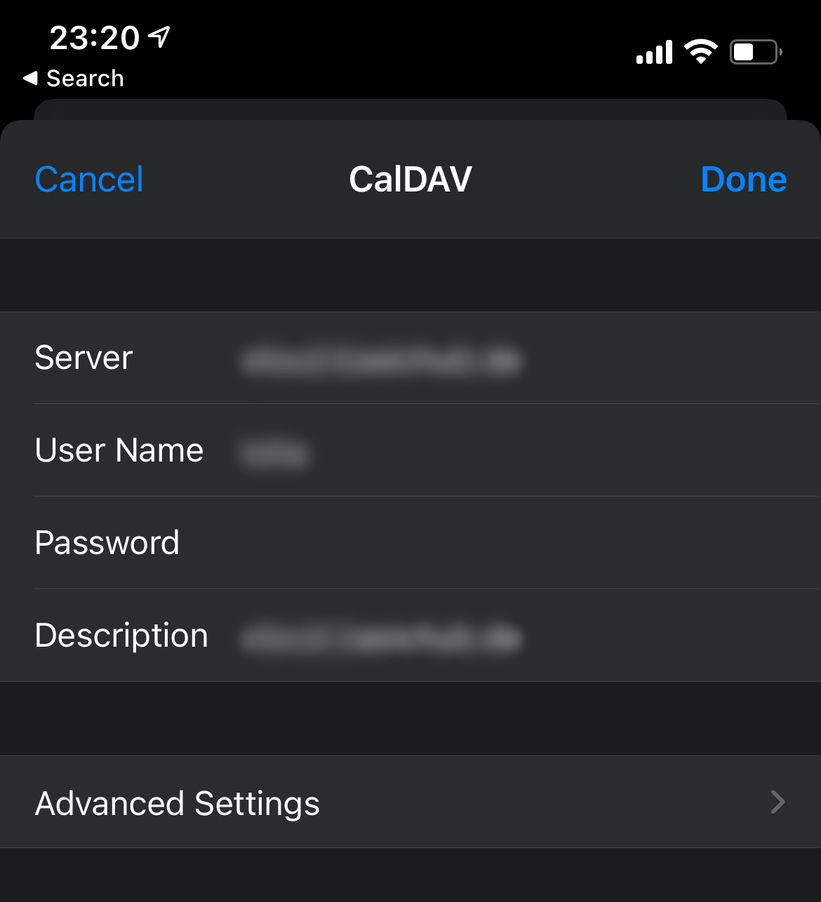 iPhone settings calDav example